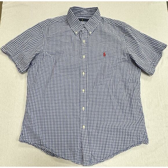 Polo Ralph Lauren Shirt Mens L Blue Buttondown Check Seersucker Short Sleeve - Picture 1 of 9